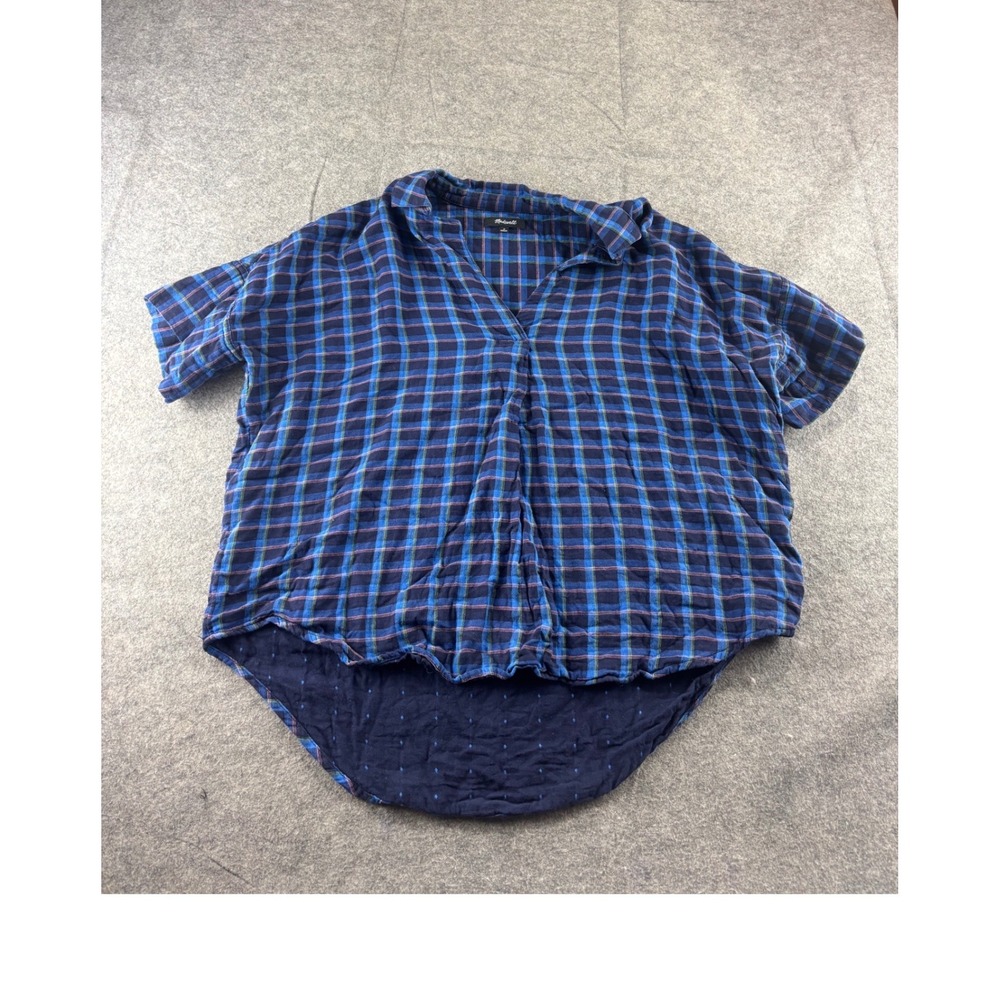 Madewell Women M Blue Plaid Short Sleeve Popover Blouse Cotton Top Boho Whimsy
